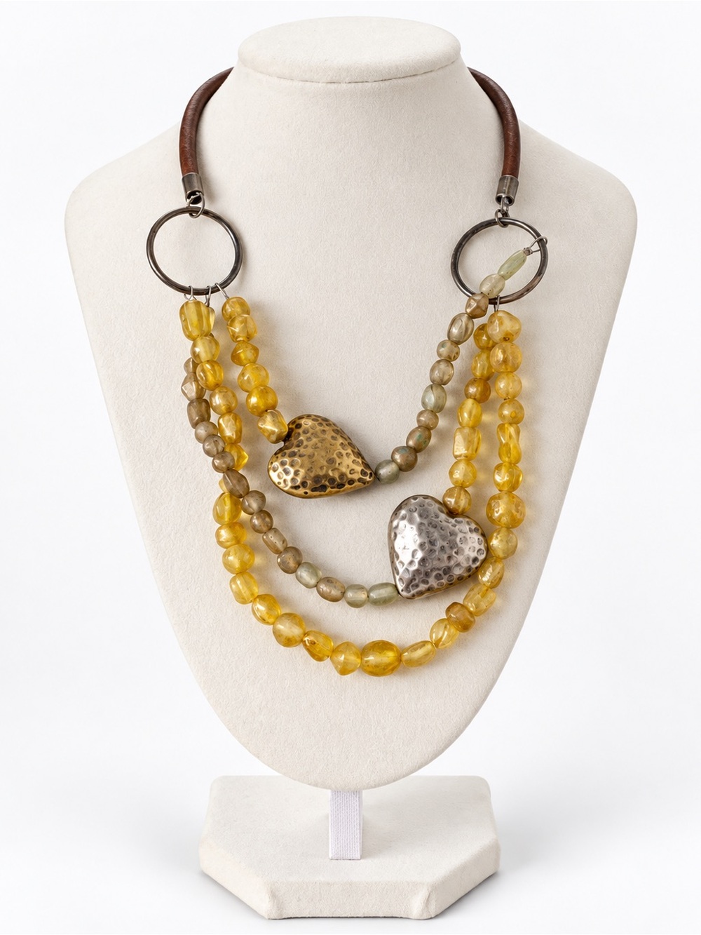 Artisan Multi-Strand Beaded Heart Statement Necklace – Leather & Mixed Metal